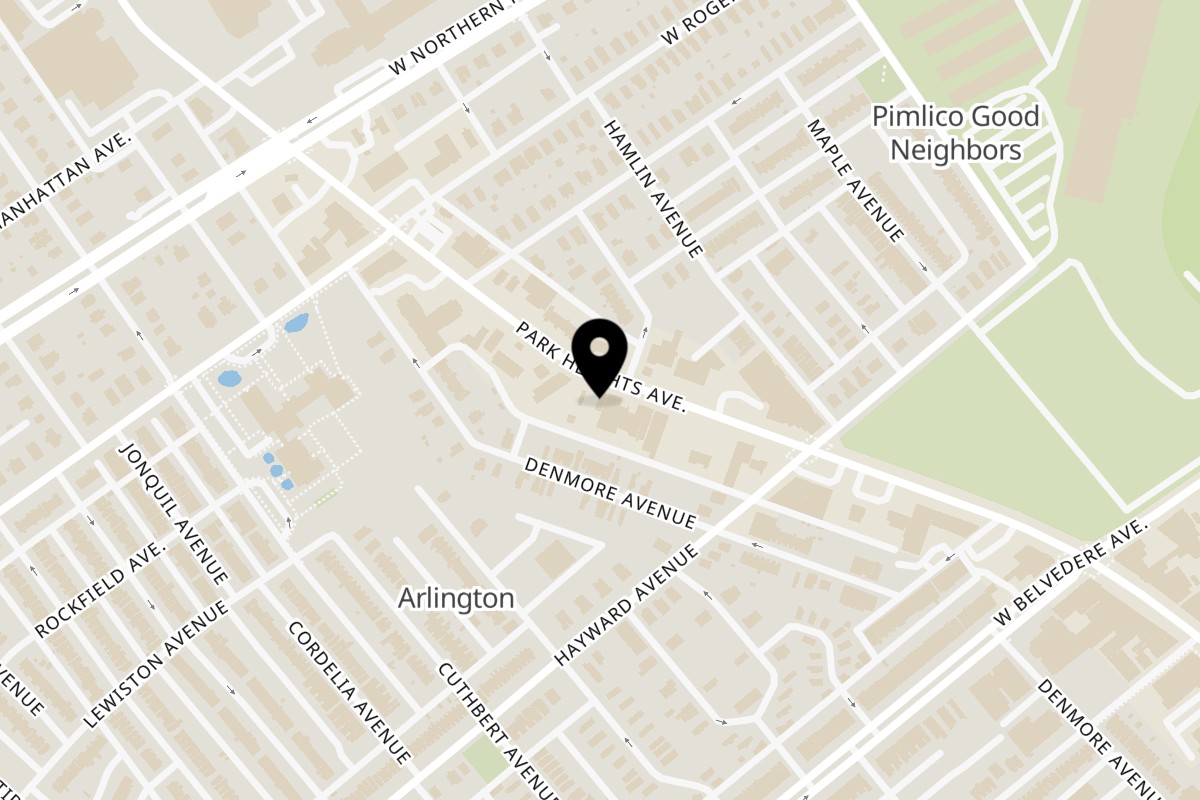 Map showing the location of West Indian flavor II Restaurant on 5404 Park Heights Ave in Baltimore